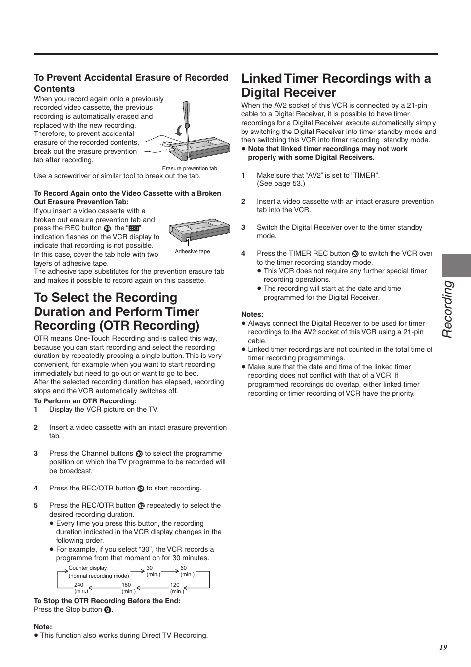 Recording, Linked timer recordings with a digital receiver | Panasonic NV-FJ760 User Manual | Page 19 / 62