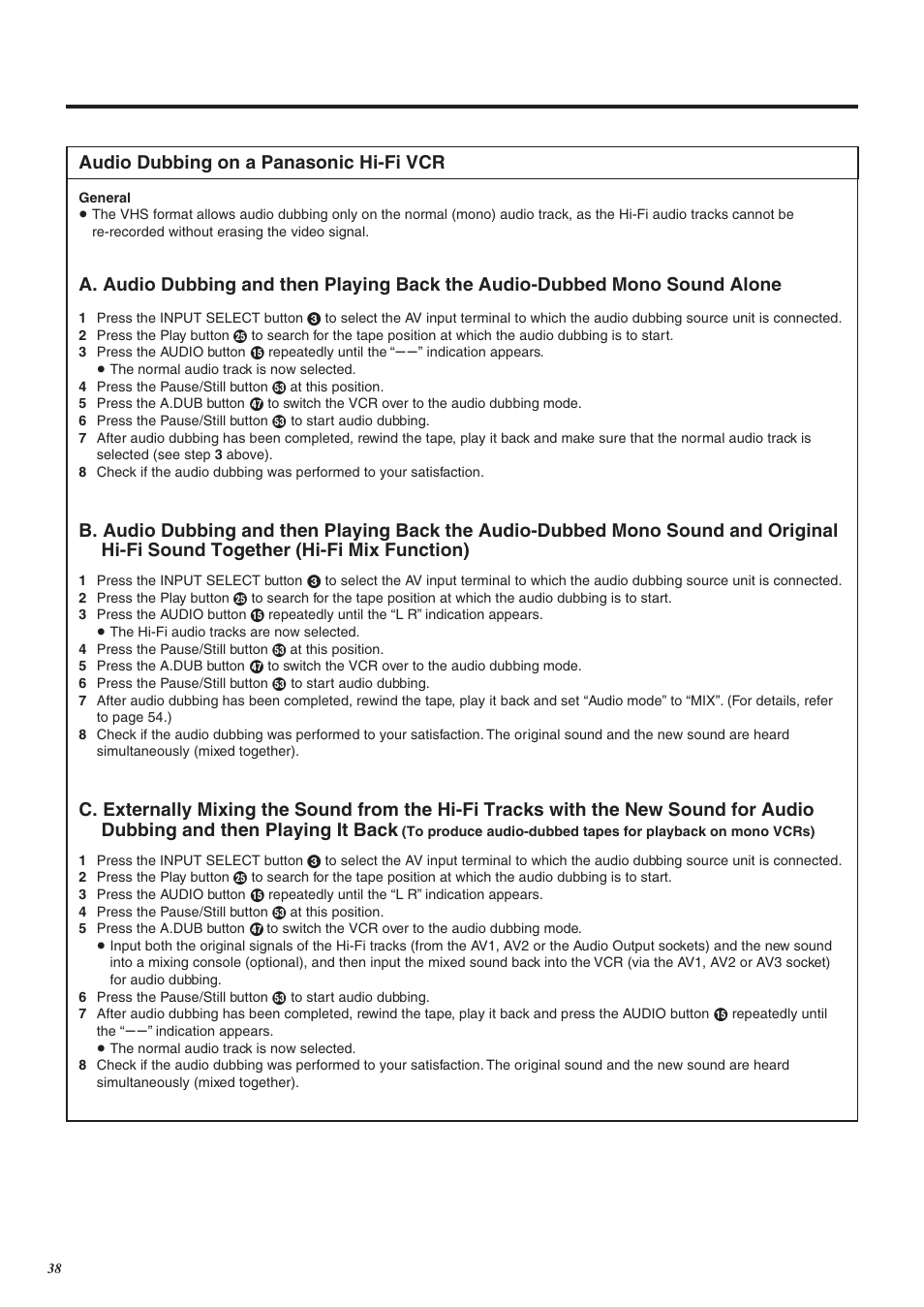 Audio dubbing on a panasonic hi-fi vcr | Panasonic NV-FJ760 User Manual | Page 38 / 62