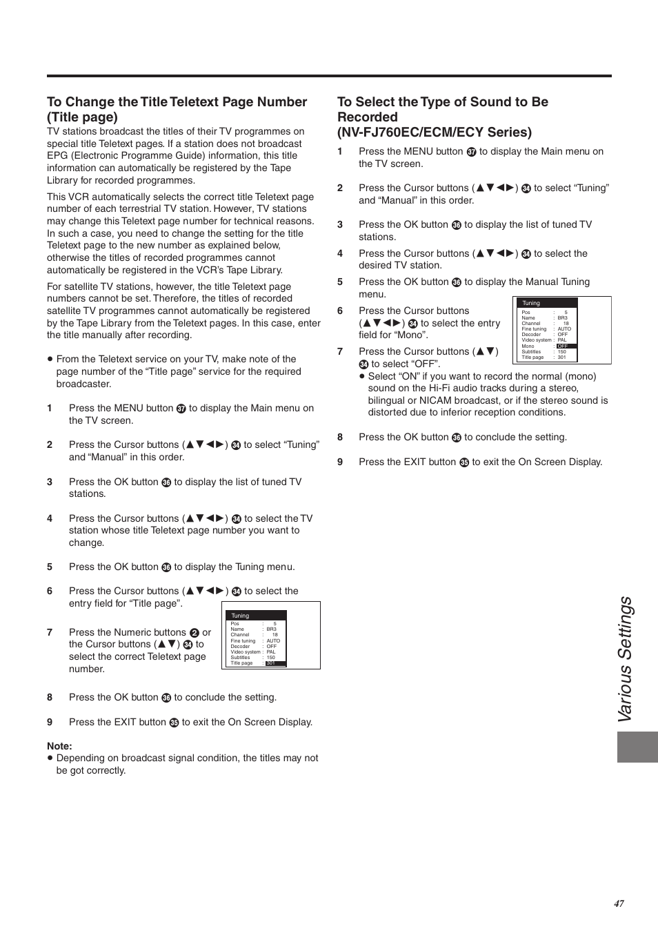 Va rious settings | Panasonic NV-FJ760 User Manual | Page 47 / 62