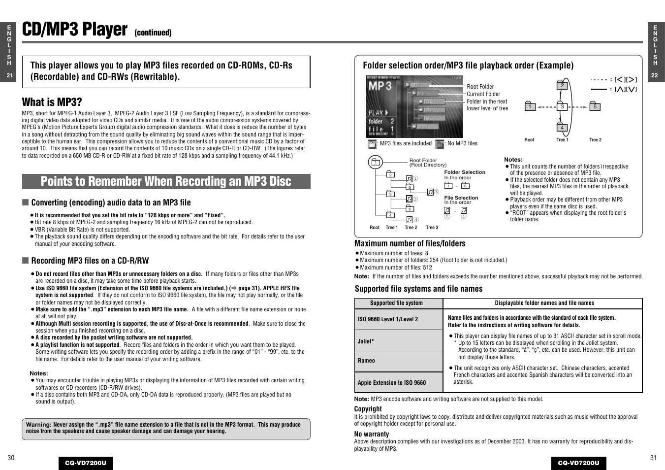 Cd/mp3 player, Points to remember when recording an mp3 disc, What is mp3 | Converting (encoding) audio data to an mp3 file, Recording mp3 files on a cd-r/rw | Panasonic CQ-VD7200U User Manual | Page 14 / 47