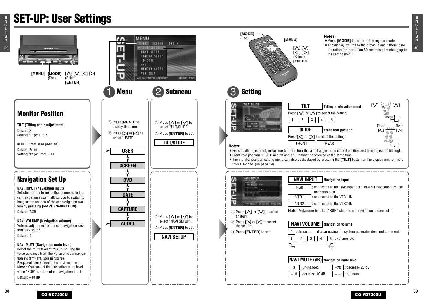 Set-up, User settings, Set-up: user settings | Setting, Monitor position, Navigation set up, Menu submenu | Panasonic CQ-VD7200U User Manual | Page 18 / 47