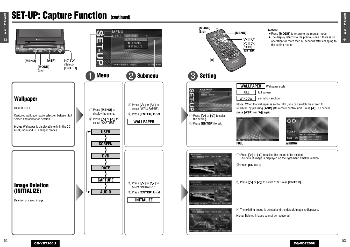 Set-up: capture function, Setting, Wallpaper | Image deletion (initialize), Menu submenu | Panasonic CQ-VD7200U User Manual | Page 25 / 47
