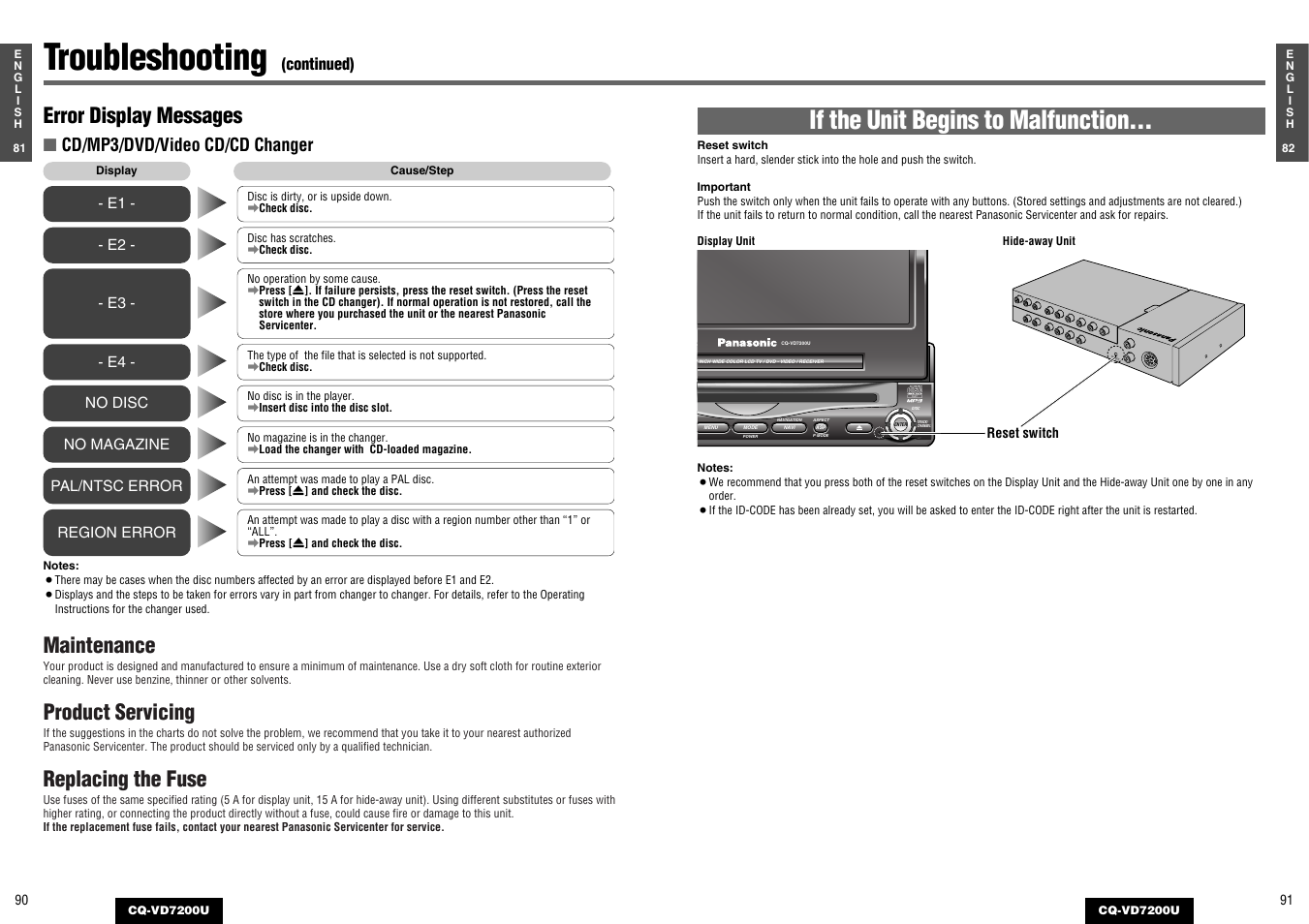 Troubleshooting, If the unit begins to malfunction, Maintenance | Product servicing, Replacing the fuse, Error display messages, Cd/mp3/dvd/video cd/cd changer | Panasonic CQ-VD7200U User Manual | Page 44 / 47