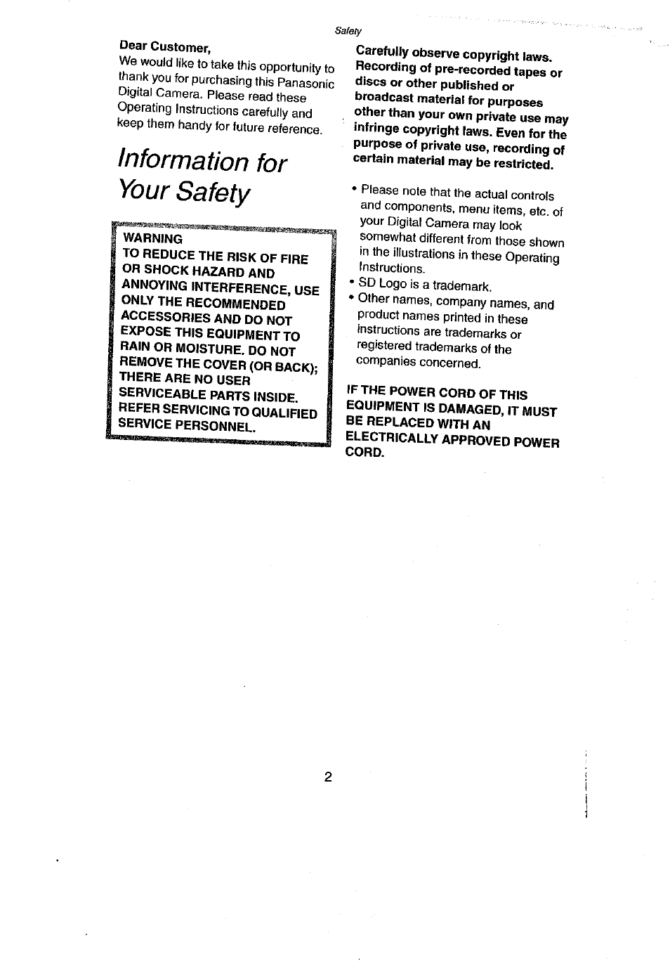 Information for your safety | Panasonic DMC-LC43A User Manual | Page 2 / 96