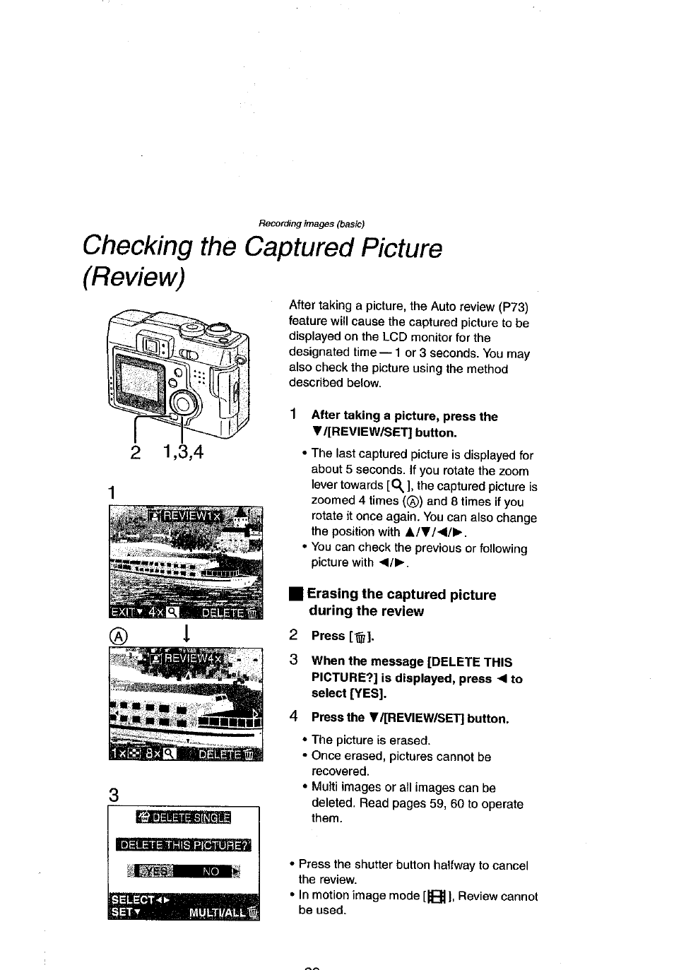 Checking the captured picture (review), Erasing the captured picture during the review, 2 press [^3 | 4 press the y /[review/set] button | Panasonic DMC-LC43A User Manual | Page 29 / 96