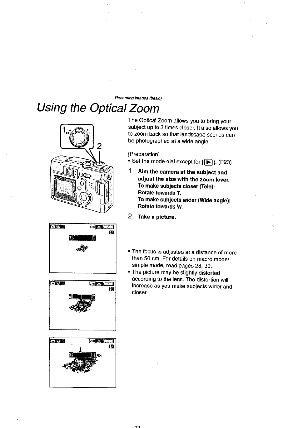 Using the optical zoom, 2 take a picture, Using the digital zoom | Panasonic DMC-LC43A User Manual | Page 31 / 96