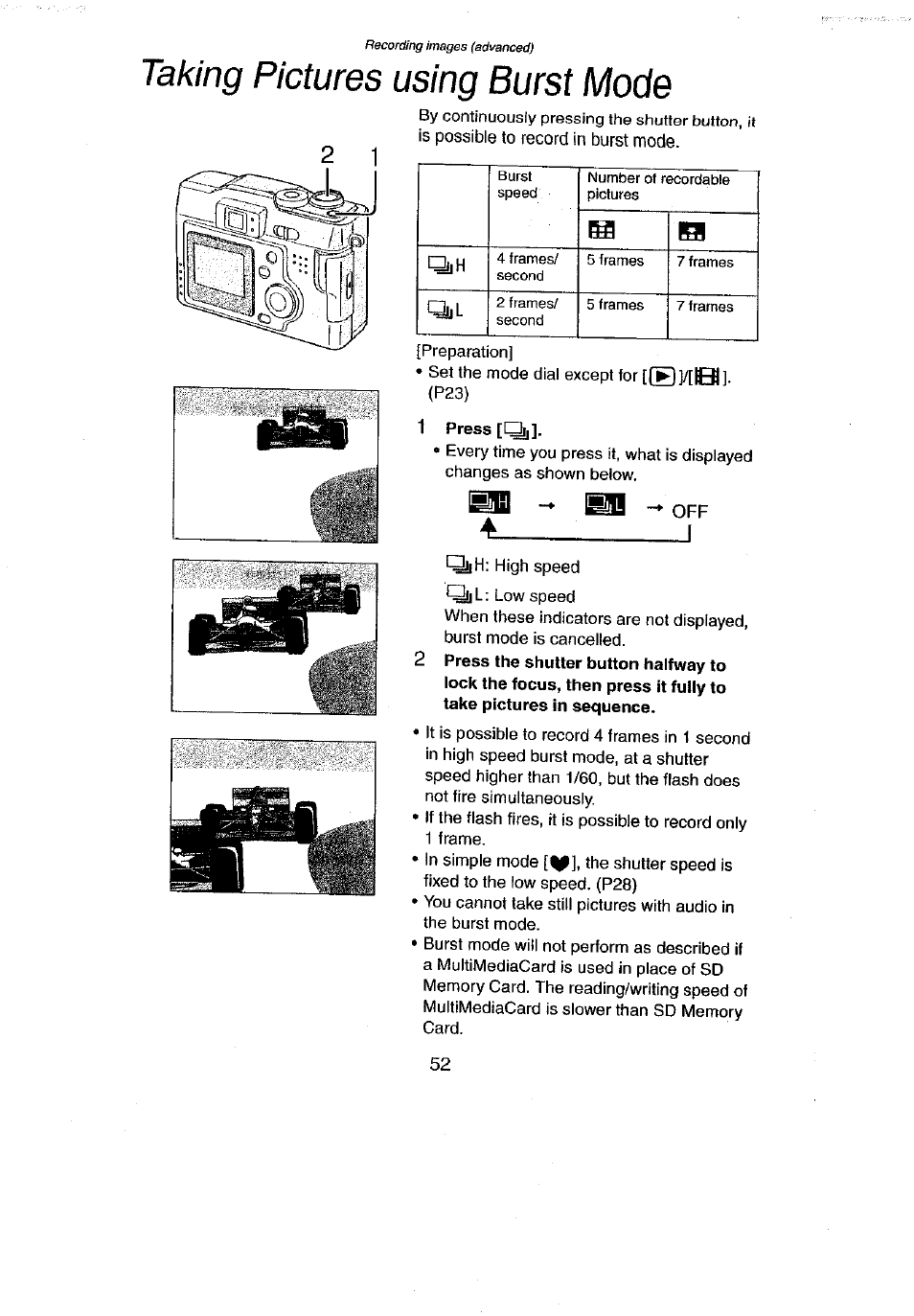 Taking pictures using burst mode, Taking pictures in simple mode | Panasonic DMC-LC43A User Manual | Page 52 / 96