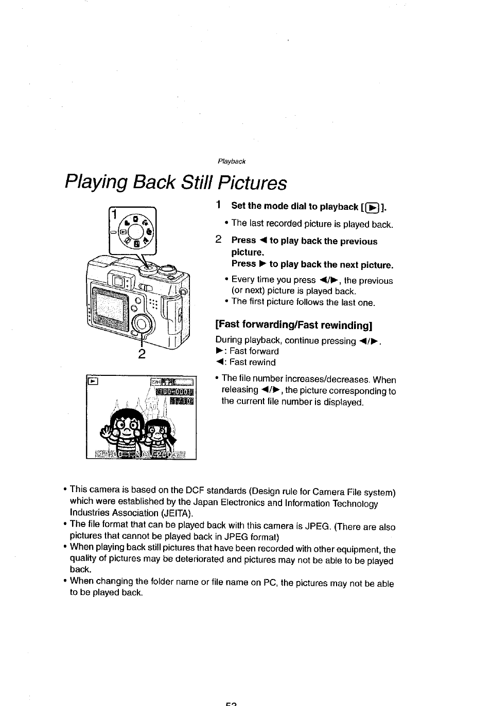 Playing back still pictures, Fast forwarding/fast rewinding | Panasonic DMC-LC43A User Manual | Page 53 / 96