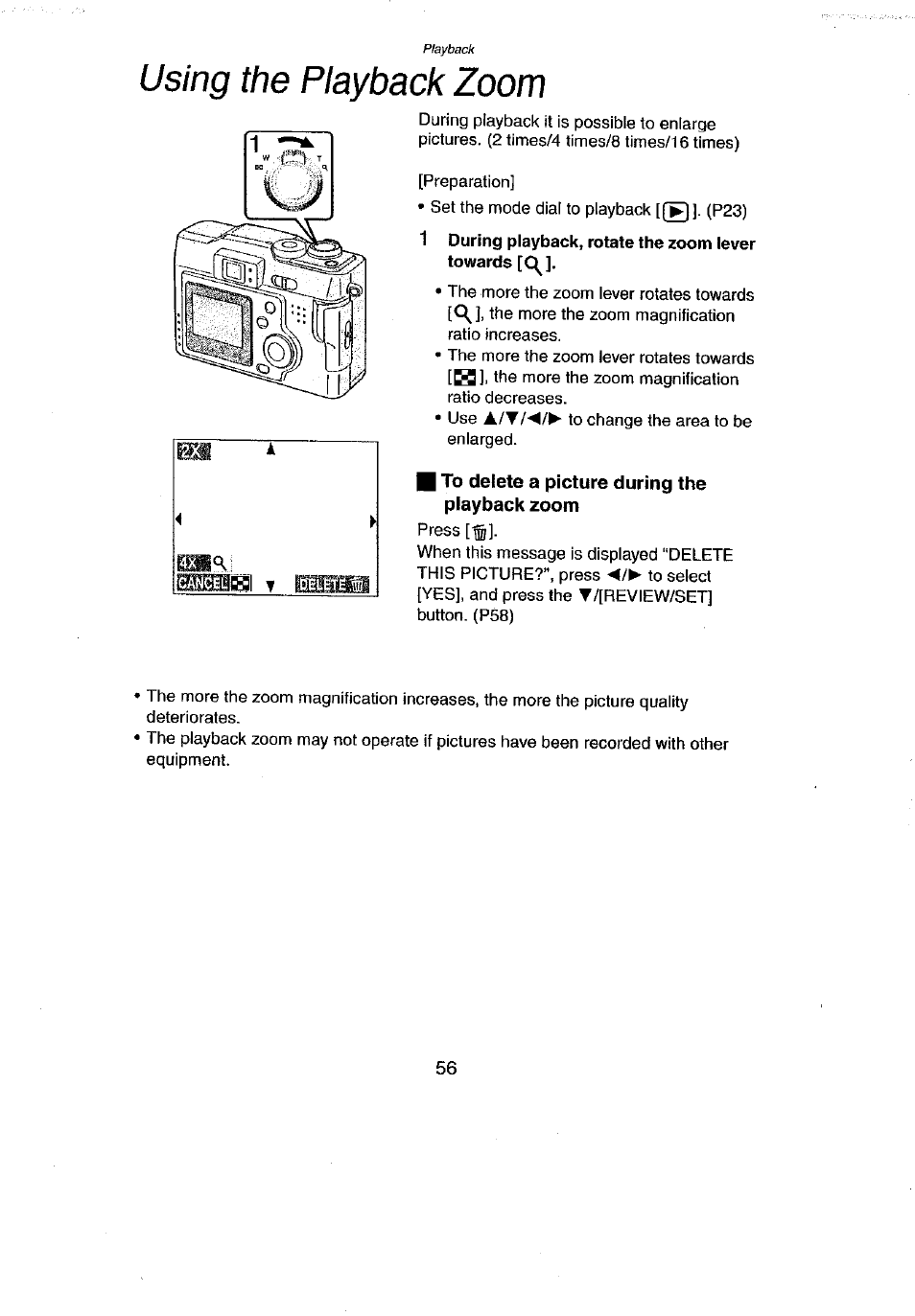 Using the playback zoom, To delete a picture during the playback zoom | Panasonic DMC-LC43A User Manual | Page 56 / 96
