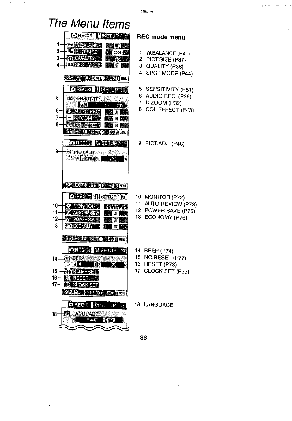 The menu items, Rec mode menu | Panasonic DMC-LC43A User Manual | Page 86 / 96