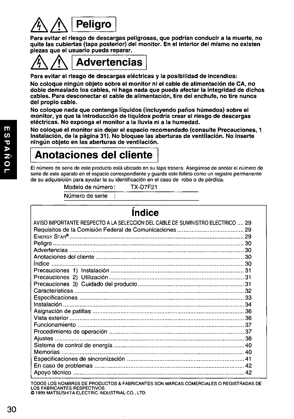 4\ /к i advertencias, A a i peligro, Anotaciones del cliente | Indice | Panasonic PANASYNC E70G TX-D7F21 User Manual | Page 32 / 46