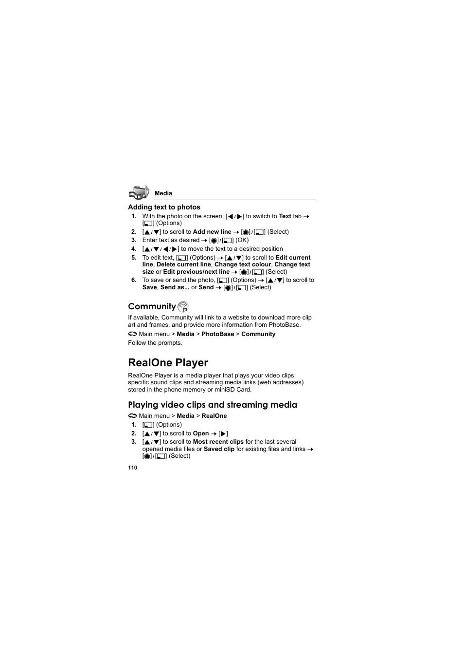 Realone player, Community, Playing video clips and streaming media | Panasonic EB-X800 User Manual | Page 113 / 194