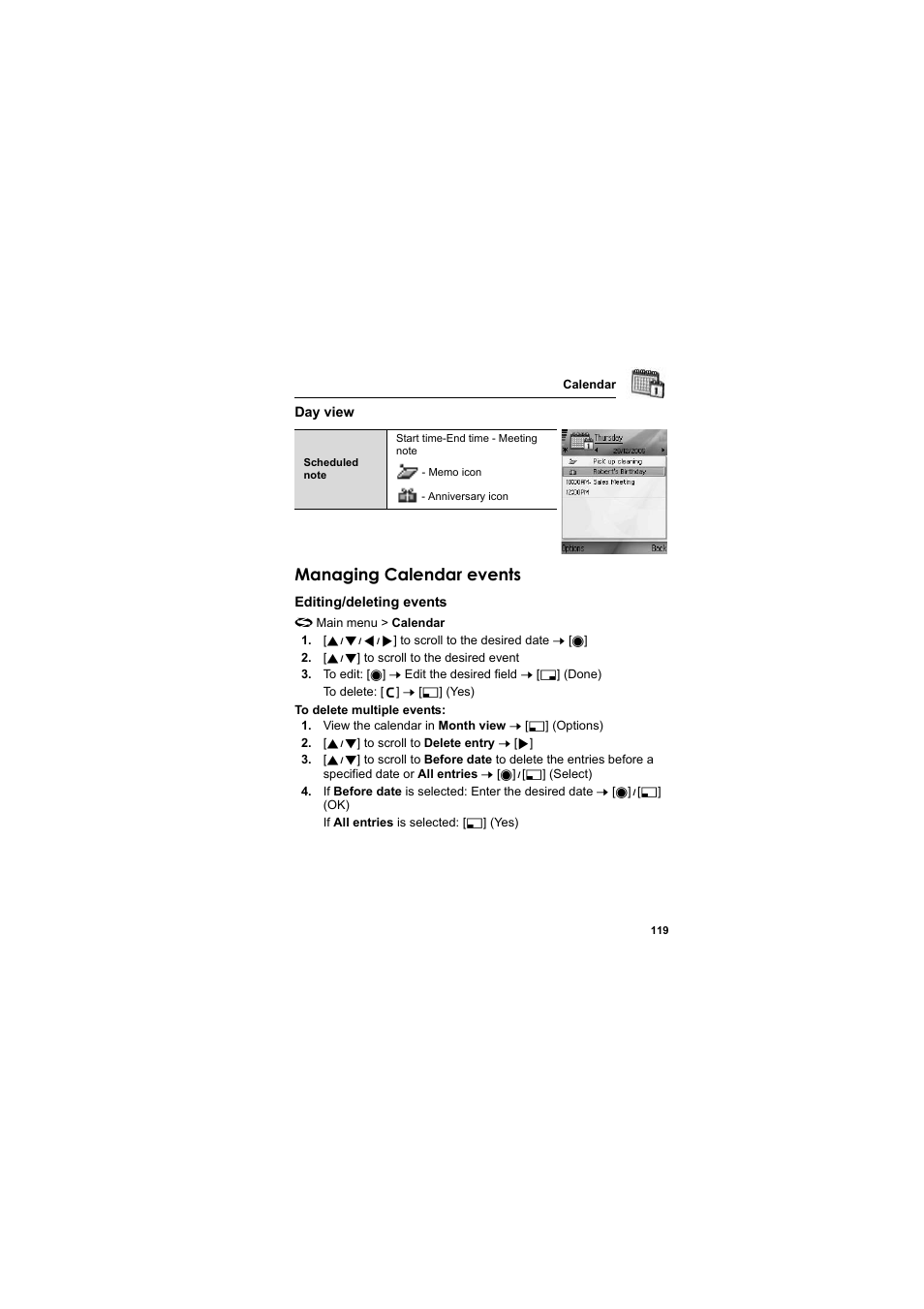 Managing calendar events | Panasonic EB-X800 User Manual | Page 122 / 194