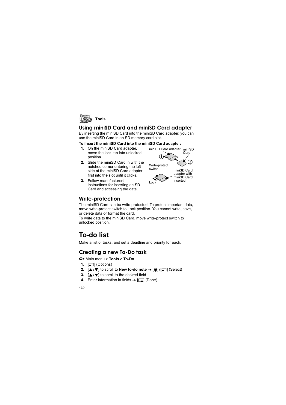 To-do list, Using minisd card and minisd card adapter, Write-protection | Creating a new to-do task | Panasonic EB-X800 User Manual | Page 133 / 194