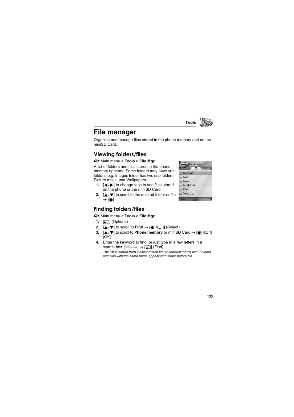 File manager, Viewing folders/files, Finding folders/files | Panasonic EB-X800 User Manual | Page 136 / 194