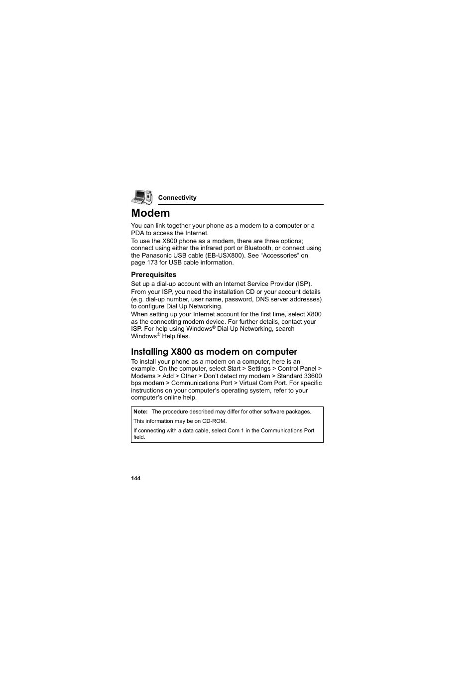 Modem, Installing x800 as modem on computer | Panasonic EB-X800 User Manual | Page 147 / 194