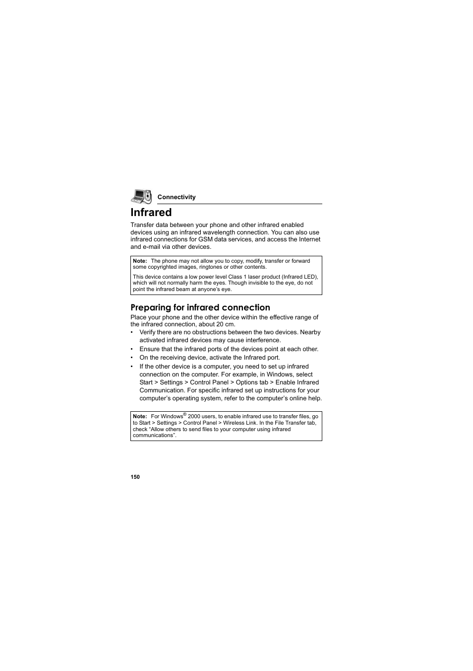 Infrared, Preparing for infrared connection | Panasonic EB-X800 User Manual | Page 153 / 194