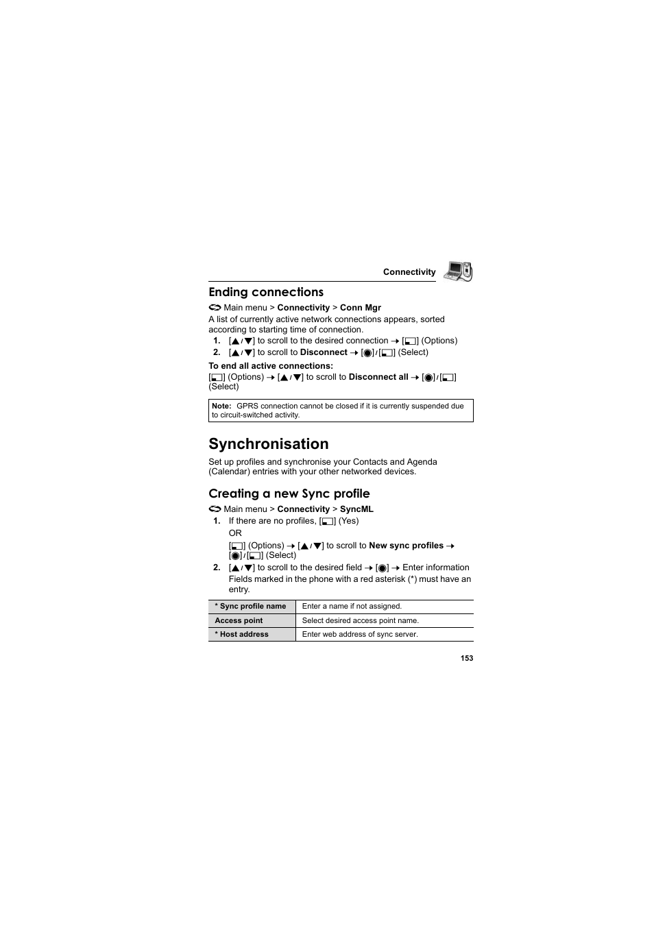 Synchronisation, Ending connections, Creating a new sync profile | Panasonic EB-X800 User Manual | Page 156 / 194