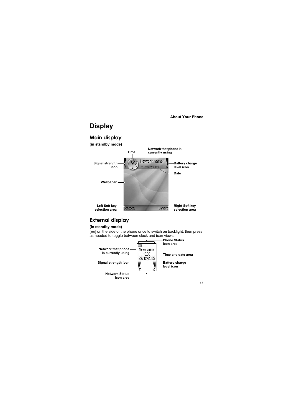 Display, Main display, External display | Panasonic EB-X800 User Manual | Page 16 / 194