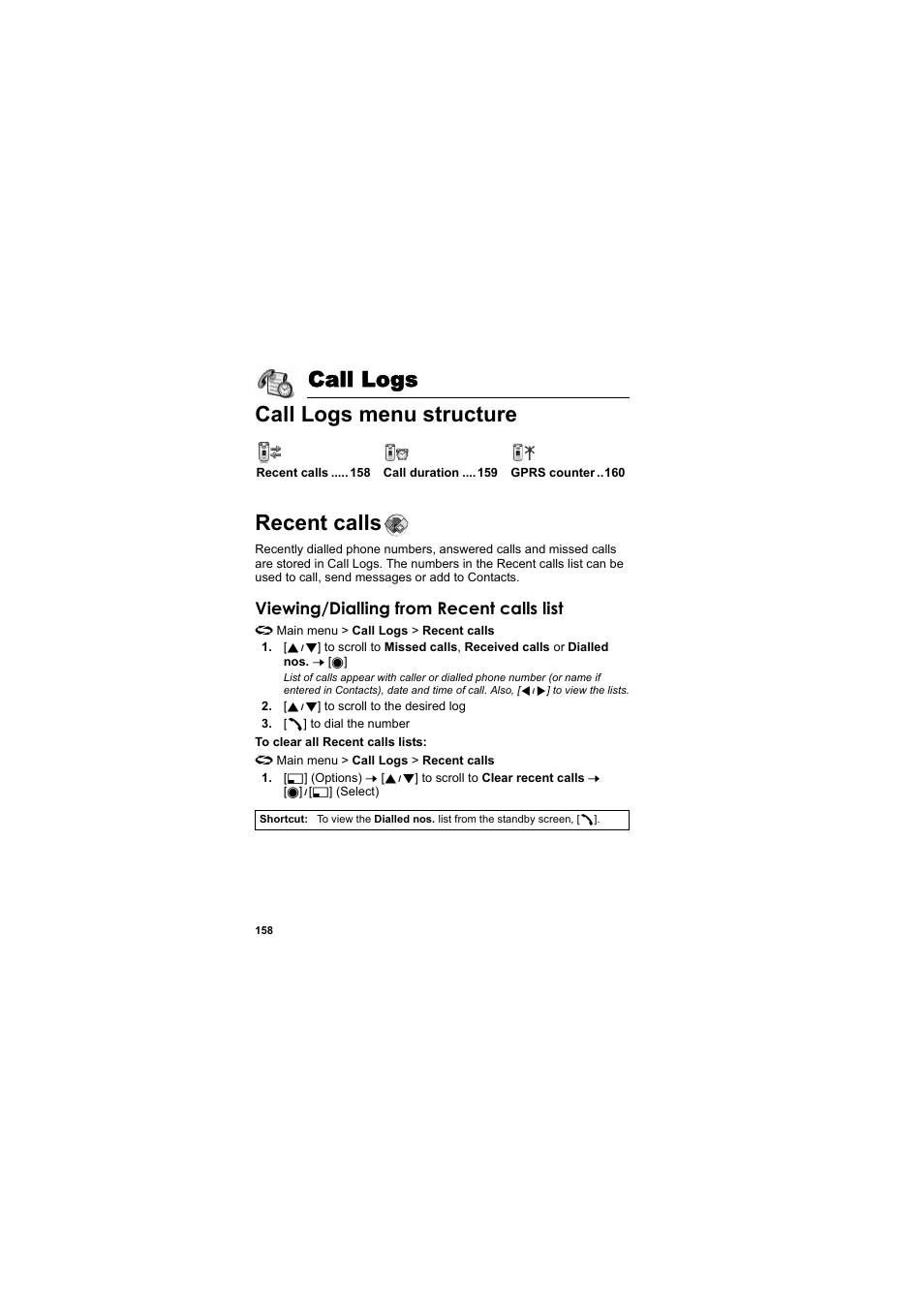 Call logs, Call logs menu structure, Recent calls | Call logs call logs menu structure recent calls | Panasonic EB-X800 User Manual | Page 161 / 194