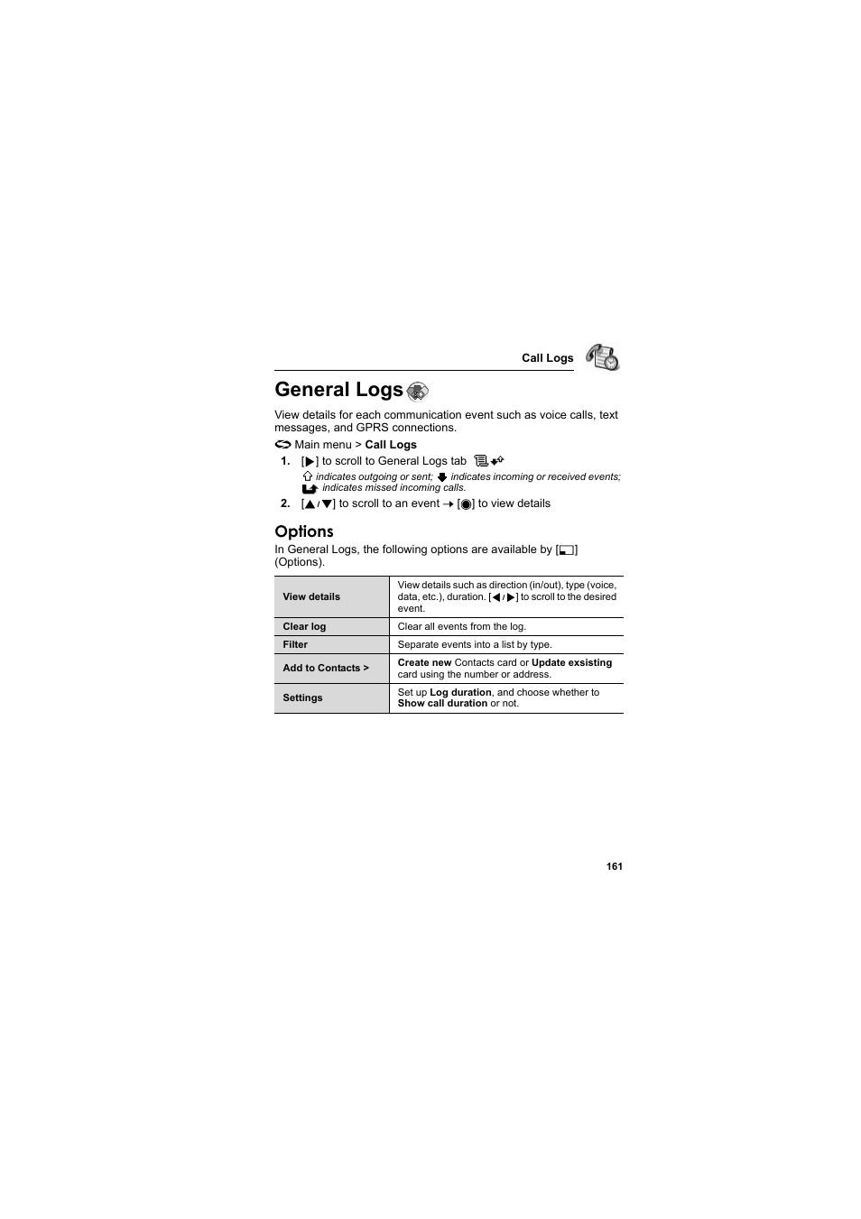 General logs, Options | Panasonic EB-X800 User Manual | Page 164 / 194