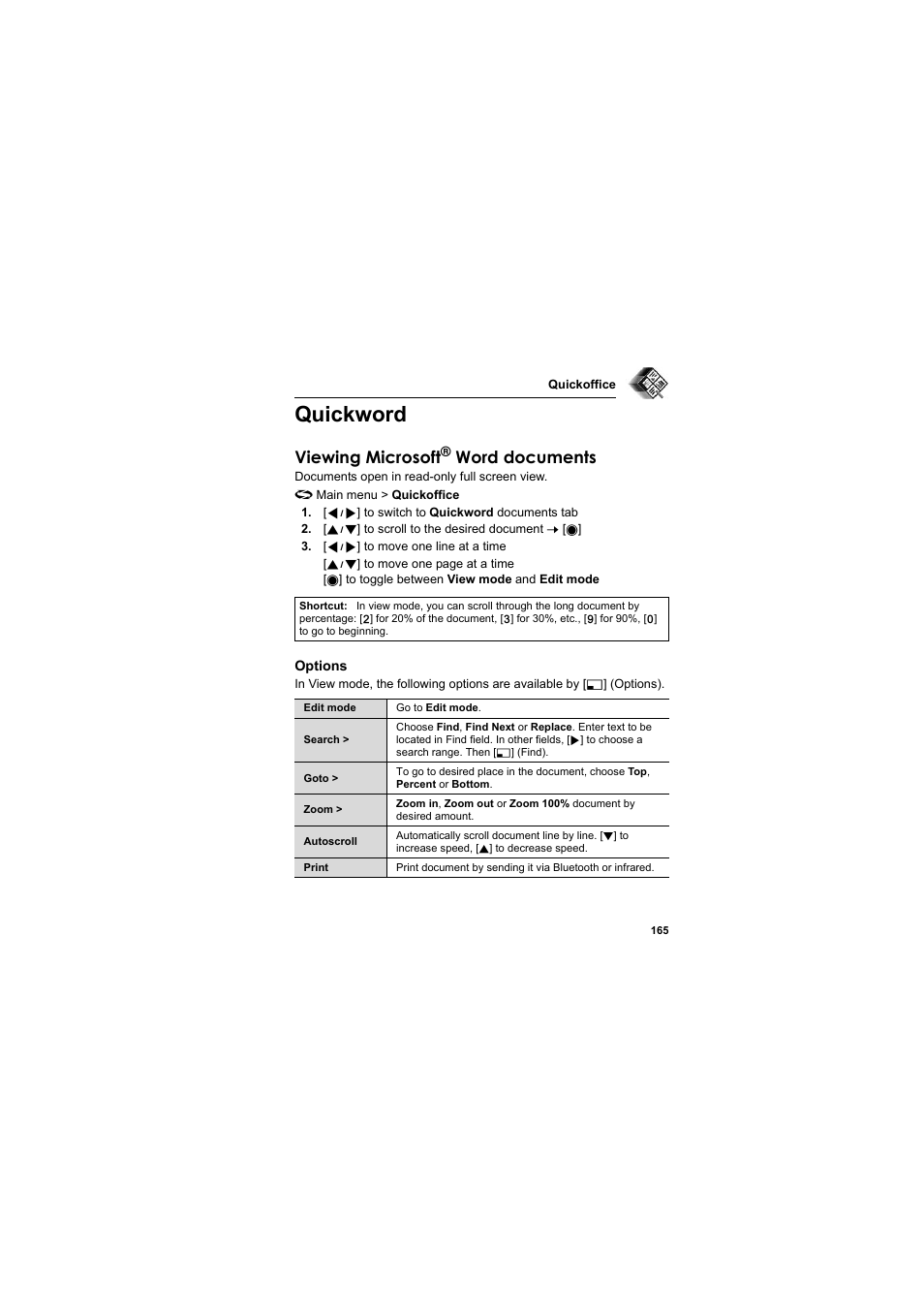 Quickword, Viewing microsoft, Word documents | Panasonic EB-X800 User Manual | Page 168 / 194