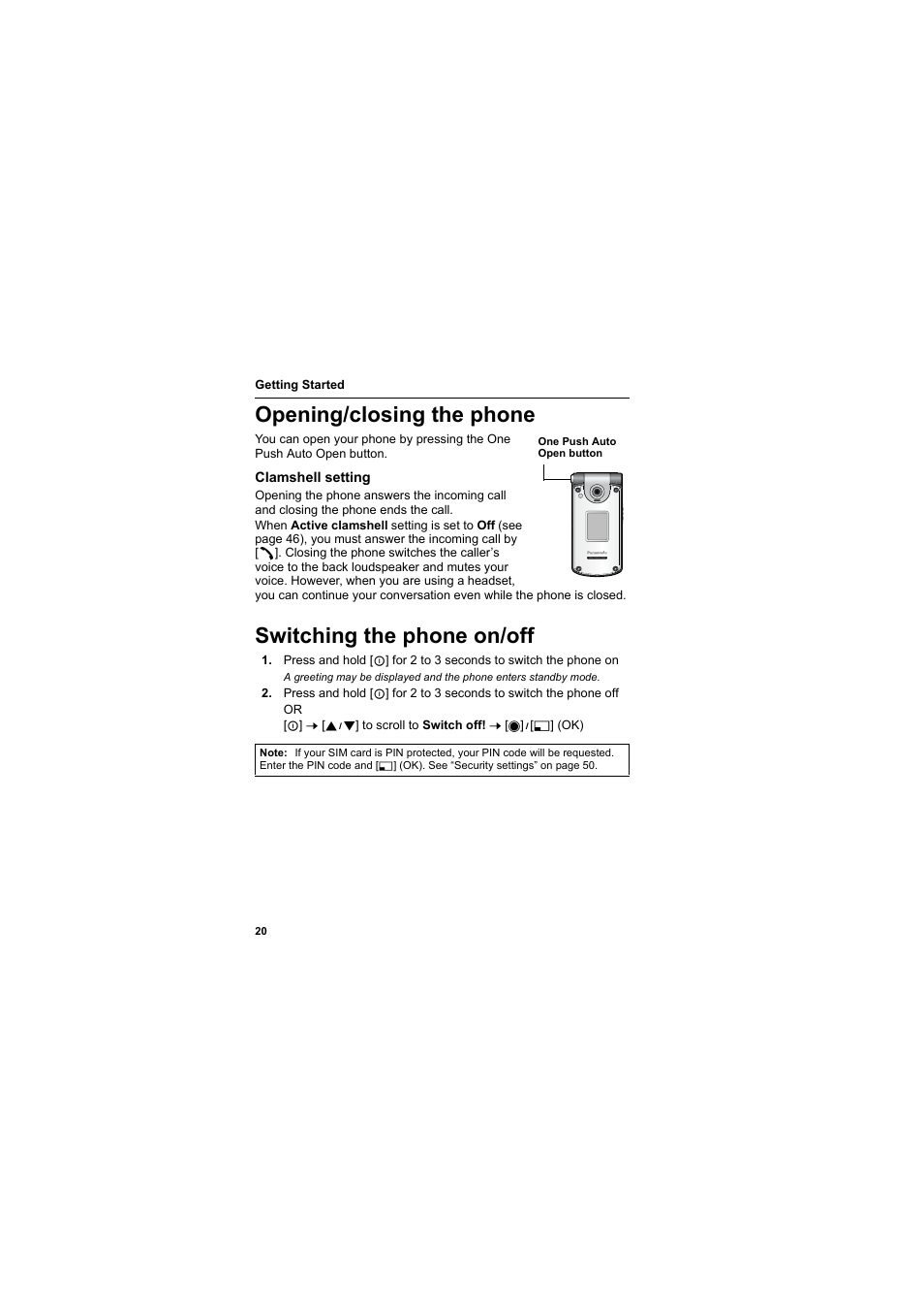 Opening/closing the phone, Switching the phone on/off | Panasonic EB-X800 User Manual | Page 23 / 194