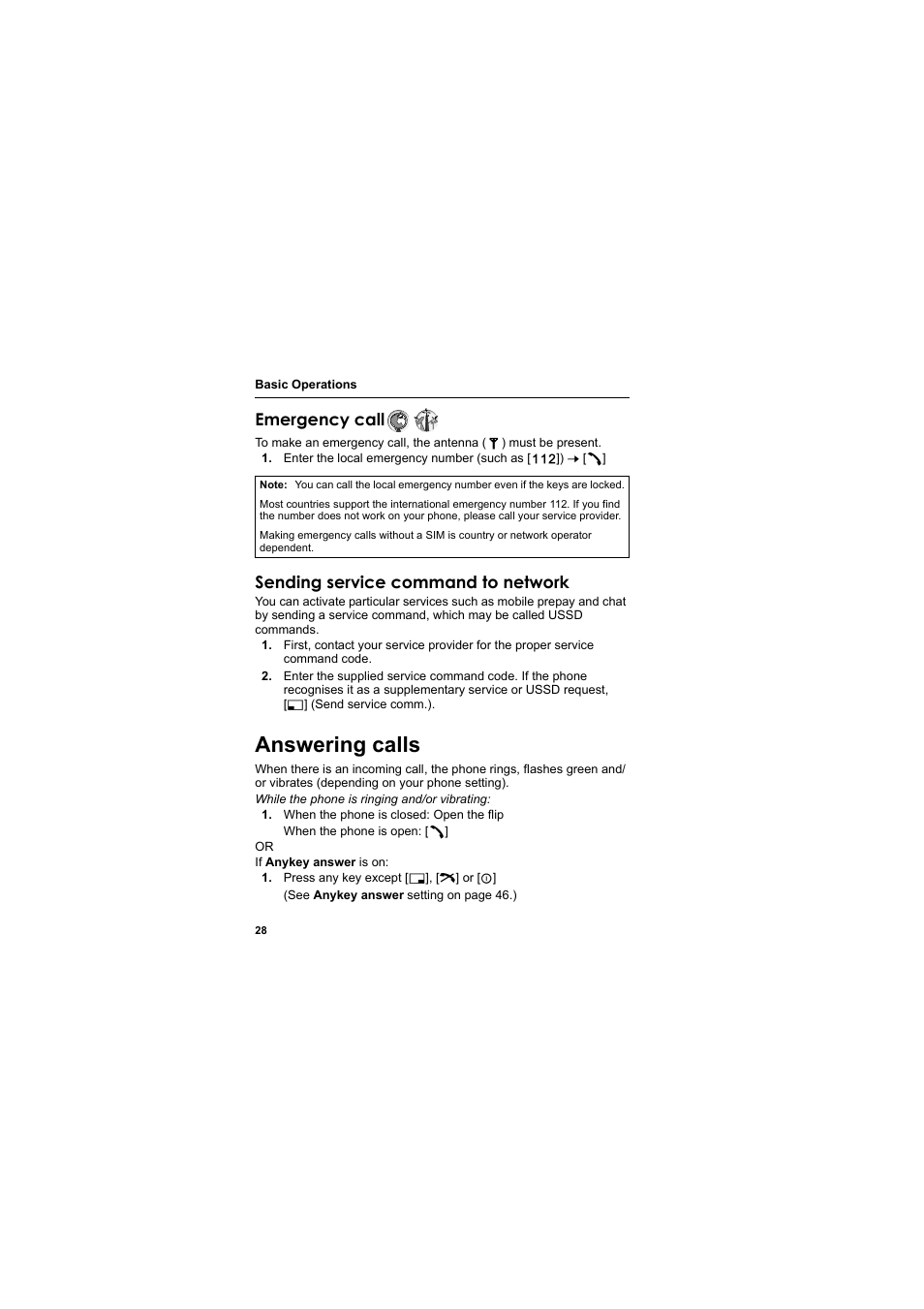 Answering calls, Emergency call, Sending service command to network | Panasonic EB-X800 User Manual | Page 31 / 194