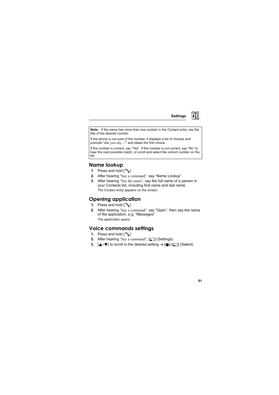 Name lookup, Opening application, Voice commands settings | Panasonic EB-X800 User Manual | Page 64 / 194