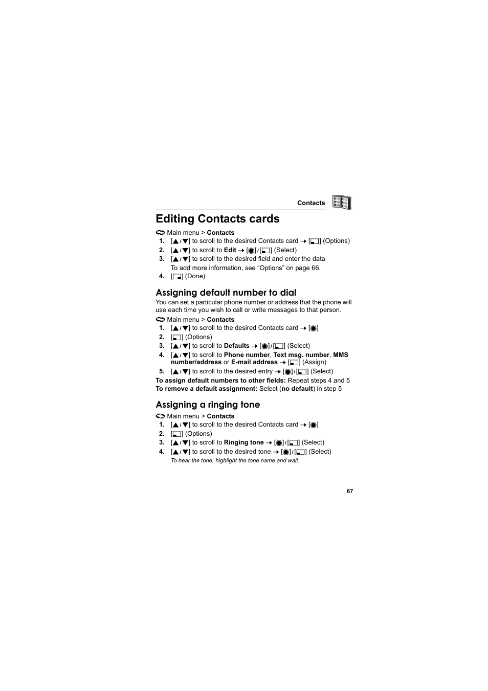 Editing contacts cards, Assigning default number to dial, Assigning a ringing tone | Panasonic EB-X800 User Manual | Page 70 / 194