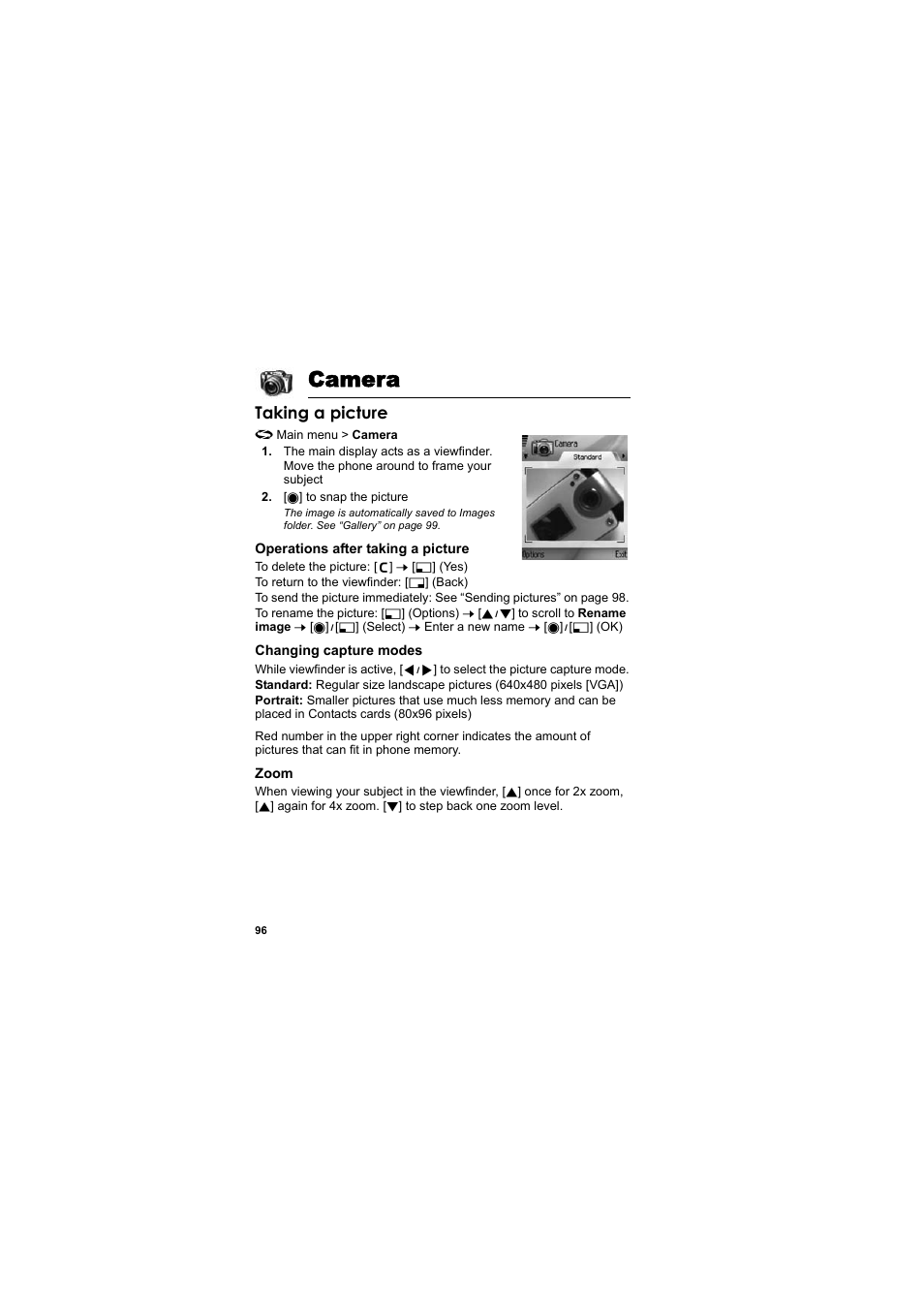 Camera, Taking a picture | Panasonic EB-X800 User Manual | Page 99 / 194