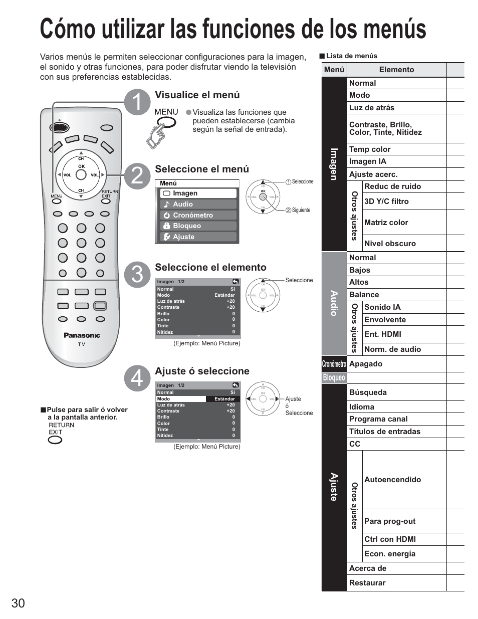 Como utilizar funciones de los menus, Cómo utilizar las funciones de los menús, Seleccione el menú seleccione el elemento | Ajuste ó seleccione, Visualice el menú | Panasonic TC-26LE60 User Manual | Page 30 / 56