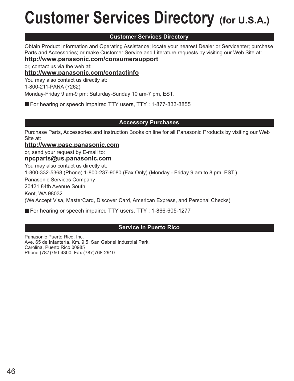 Customer services directory (for u.s.a.), Customer services directory, For u.s.a.) | Panasonic TC-26LE60 User Manual | Page 46 / 56