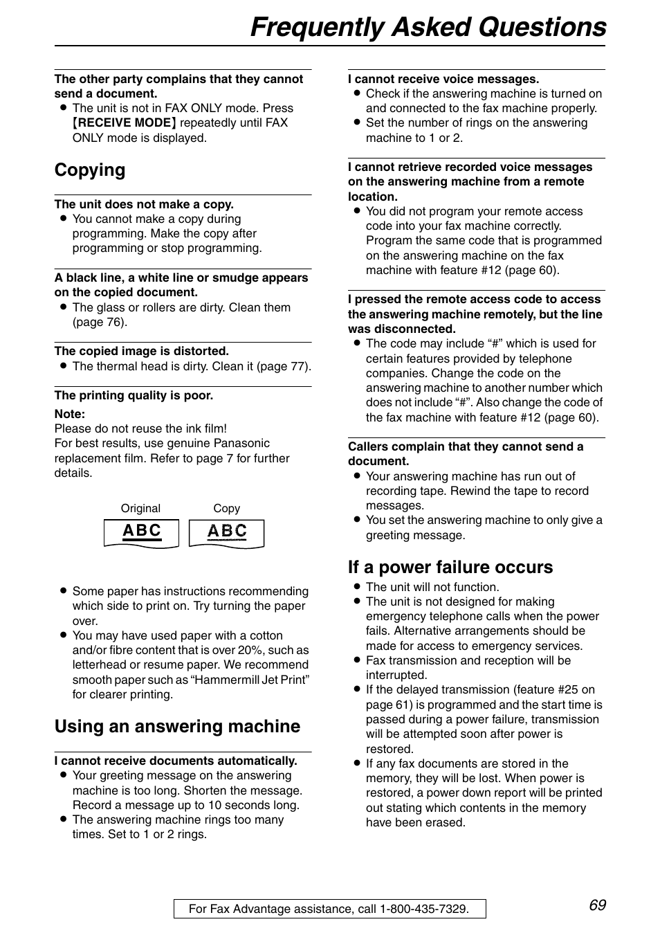 Frequently asked questions, Copying, Using an answering machine | If a power failure occurs, A b c | Panasonic KX-FHD332 User Manual | Page 69 / 92