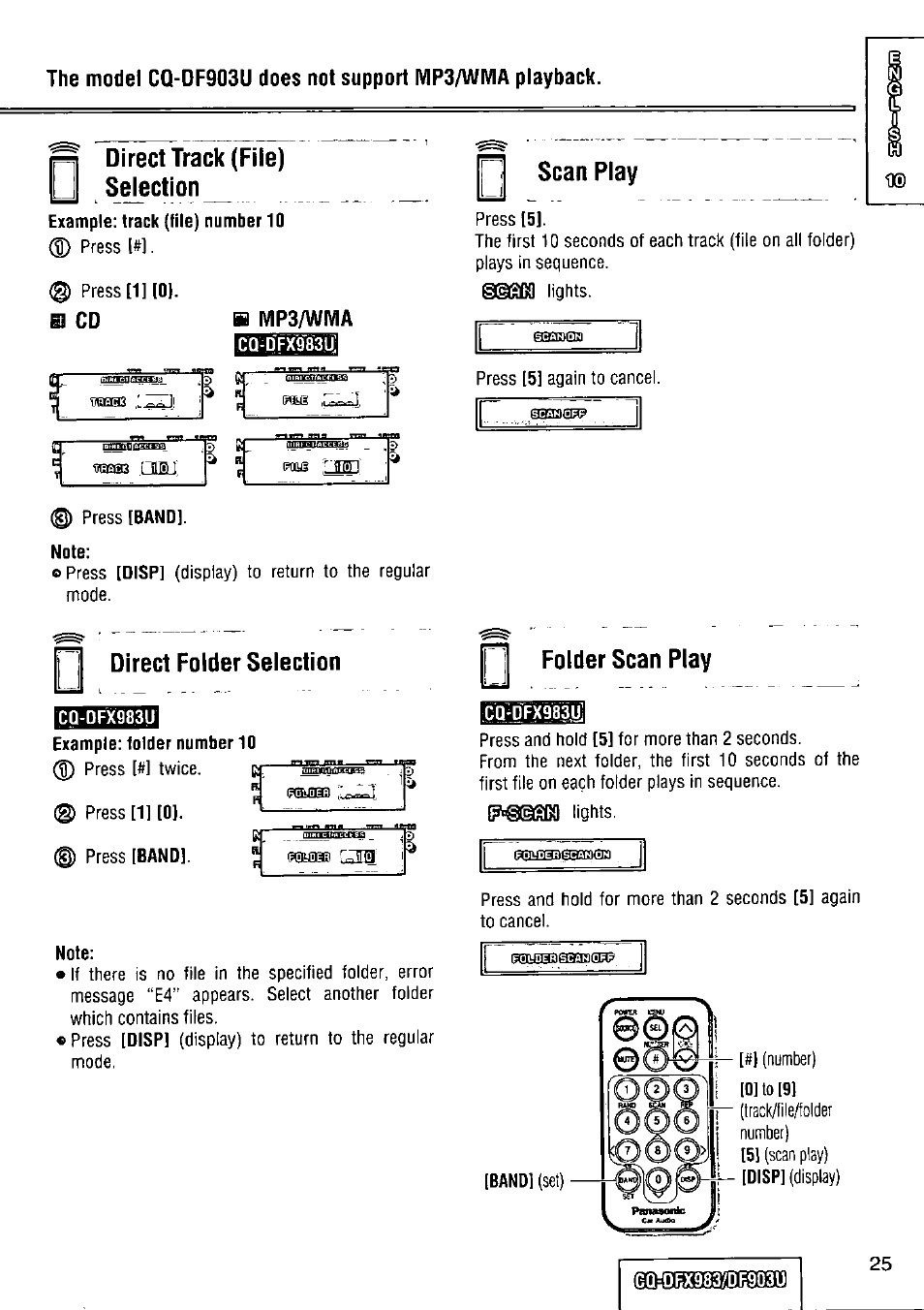 Example: track (file) number 10, Press [1] 10, Note | Scan play, Direct folder selection, Example: folder number 10, 0 press [1] [0, 0 press [band, Folder scan play, Direct track (file) selection | Panasonic Removable Full Front CD Player/Receiver with Dot Matrix and CD Changer Control CQ-DFX983U User Manual | Page 25 / 156