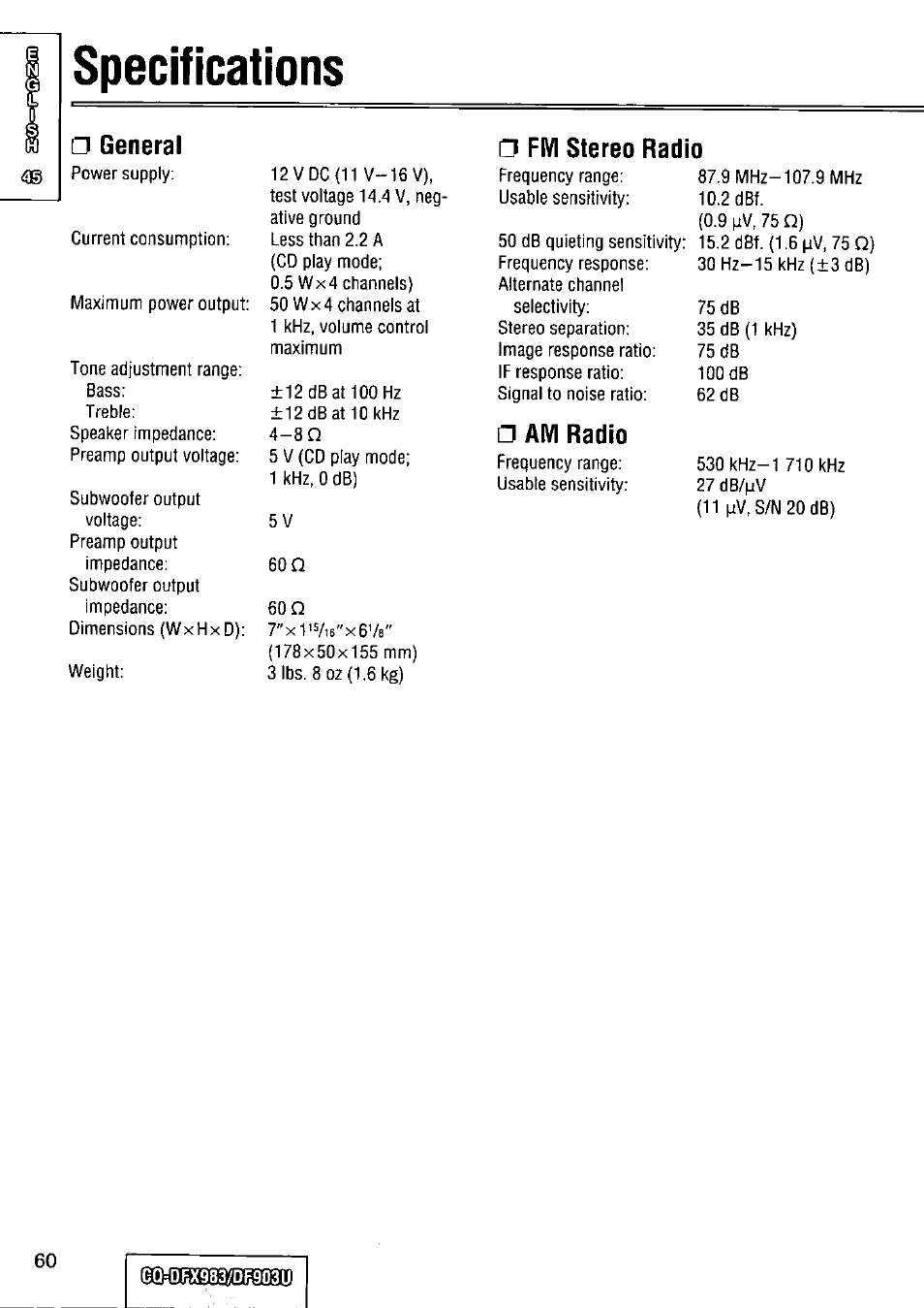 Specifications, General □ fm stereo radio, A am radio | Panasonic Removable Full Front CD Player/Receiver with Dot Matrix and CD Changer Control CQ-DFX983U User Manual | Page 60 / 156