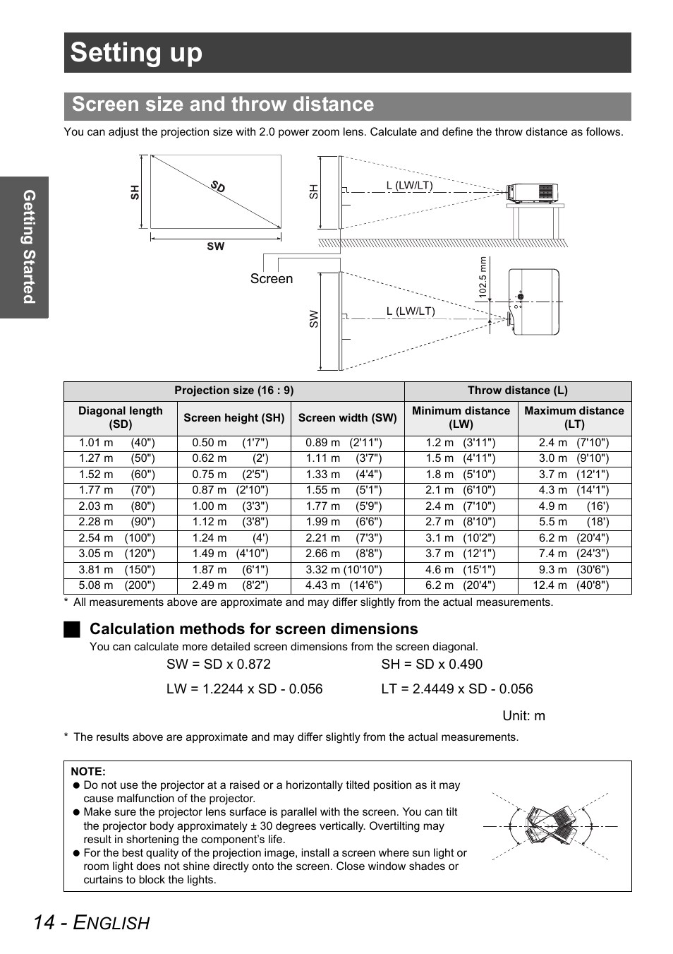 Setting up, 14 - e, Screen size and throw distance | Nglish, Getting started, Jcalculation methods for screen dimensions | Panasonic PT-AX100E User Manual | Page 14 / 52