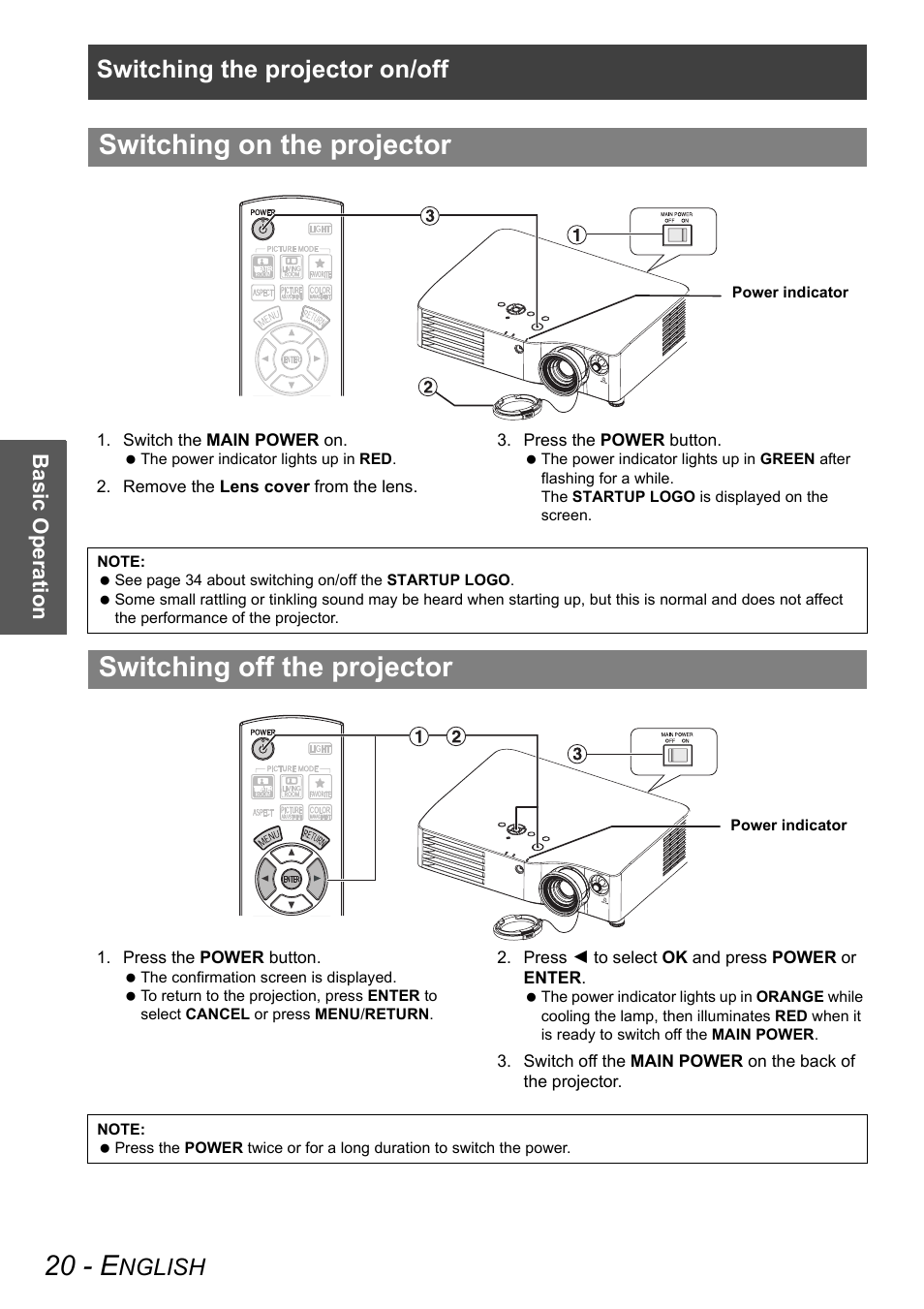 20 - e, Switching on the projector, Switching off the projector | Switching the projector on/off, Nglish, Basic operation | Panasonic PT-AX100E User Manual | Page 20 / 52