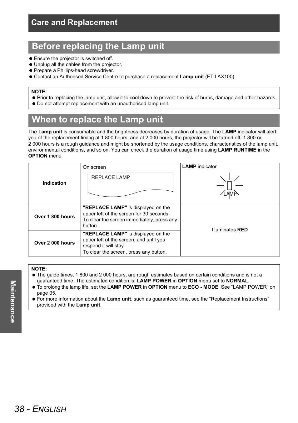 38 - e, Before replacing the lamp unit, When to replace the lamp unit | Care and replacement, Nglish, Ma int en anc e | Panasonic PT-AX100E User Manual | Page 38 / 52