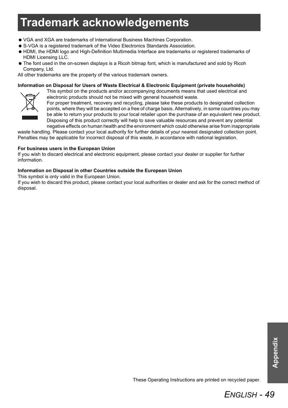 Trademark acknowledgements, Nglish, Appendix | Panasonic PT-AX100E User Manual | Page 49 / 52