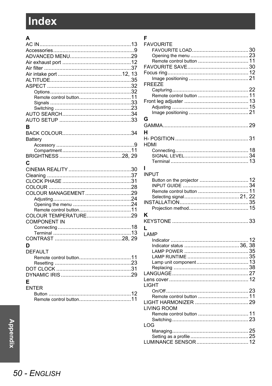 Index, 50 - e, Nglish | Appe ndix | Panasonic PT-AX100E User Manual | Page 50 / 52