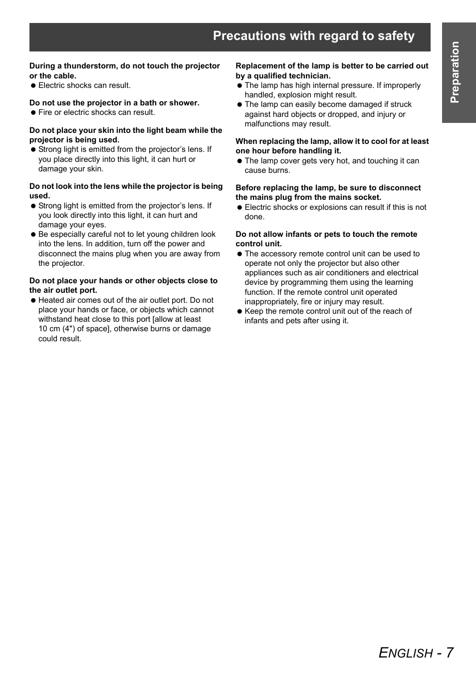 Precautions with regard to safety, Nglish, Preparation | Panasonic PT-AX100E User Manual | Page 7 / 52