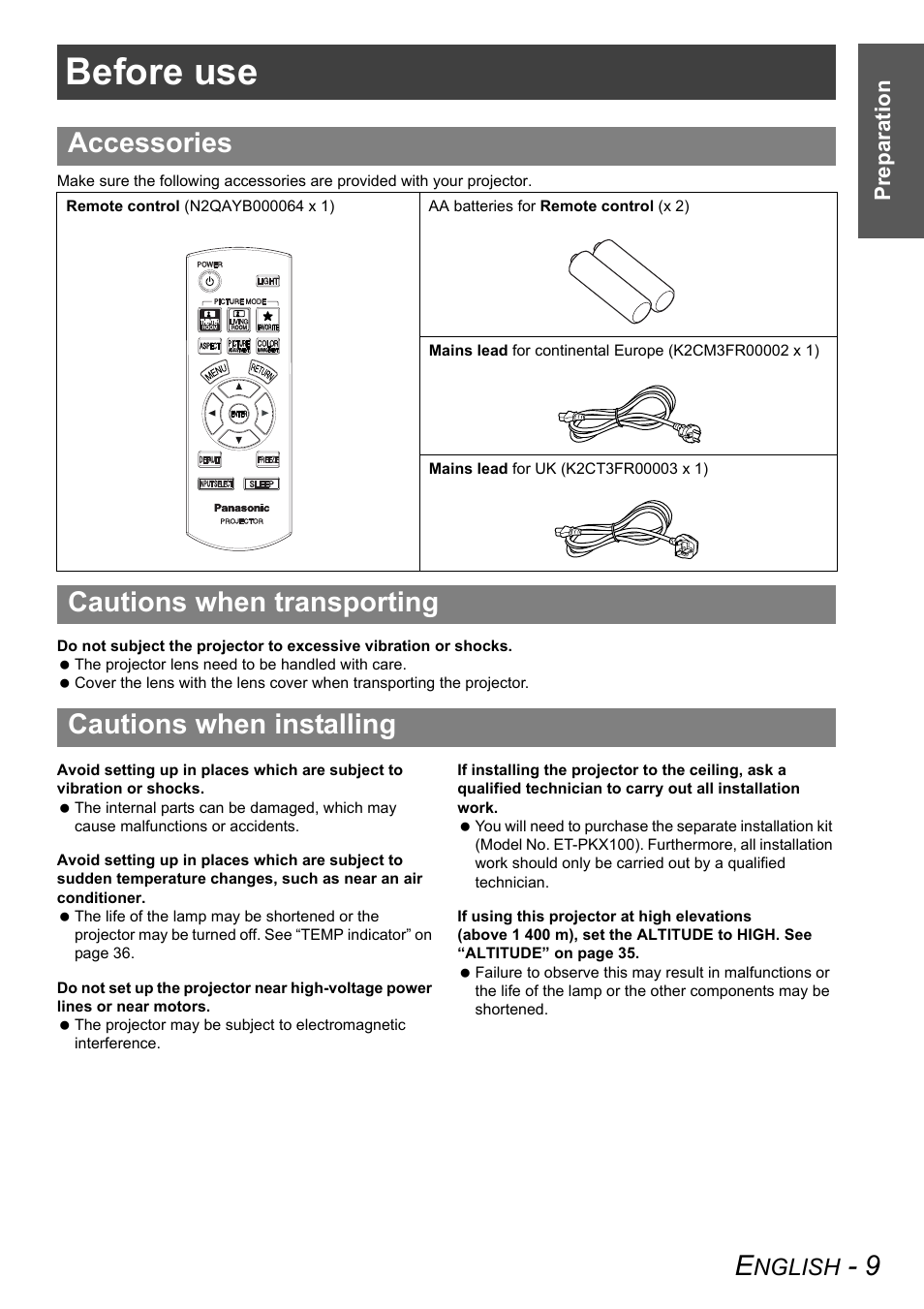 Before use, Accessories, Nglish | Panasonic PT-AX100E User Manual | Page 9 / 52