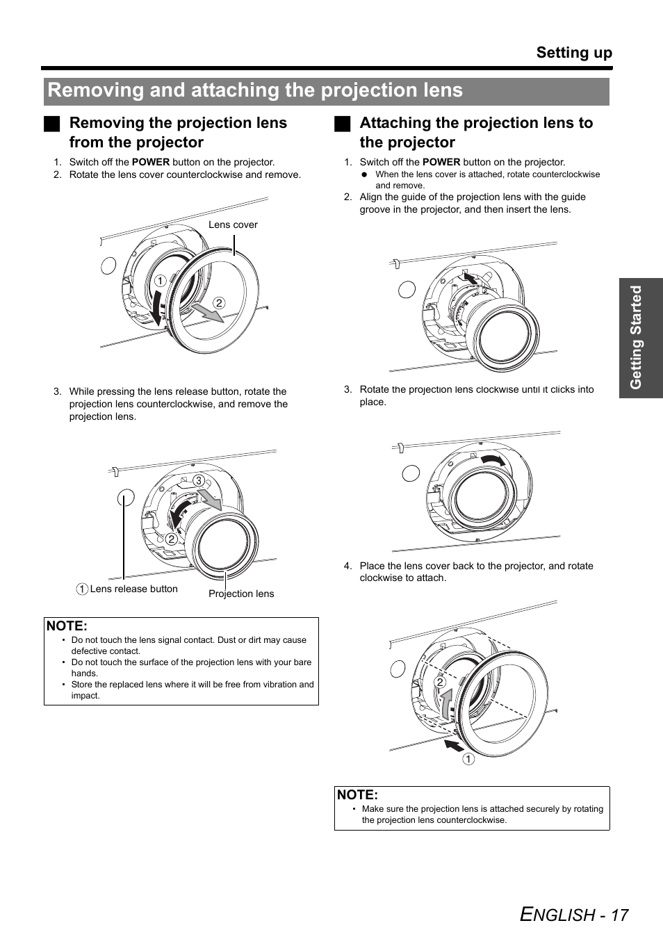 Removing and attaching the projection lens, Nglish - 17, Setting up | Jremoving the projection lens from the projector, Jattaching the projection lens to the projector, Getting started | Panasonic DLP PT-D6000U User Manual | Page 17 / 50