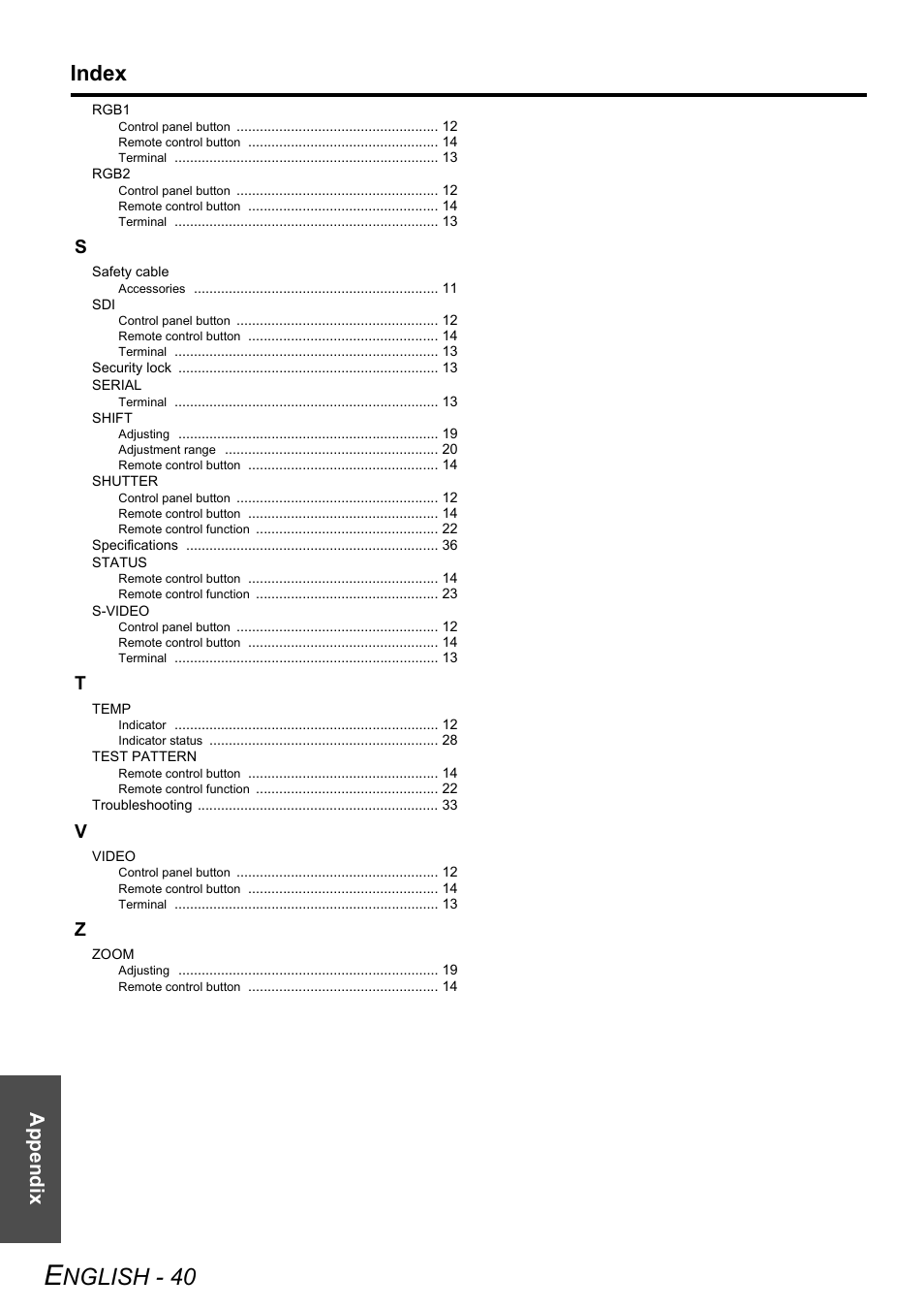 Nglish - 40, Index, Appendix | Panasonic DLP PT-D6000U User Manual | Page 40 / 50