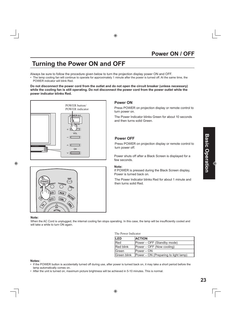 Turning the power on and off, Power on / off, 23 basic operation | Panasonic PT-60LC13 User Manual | Page 23 / 80