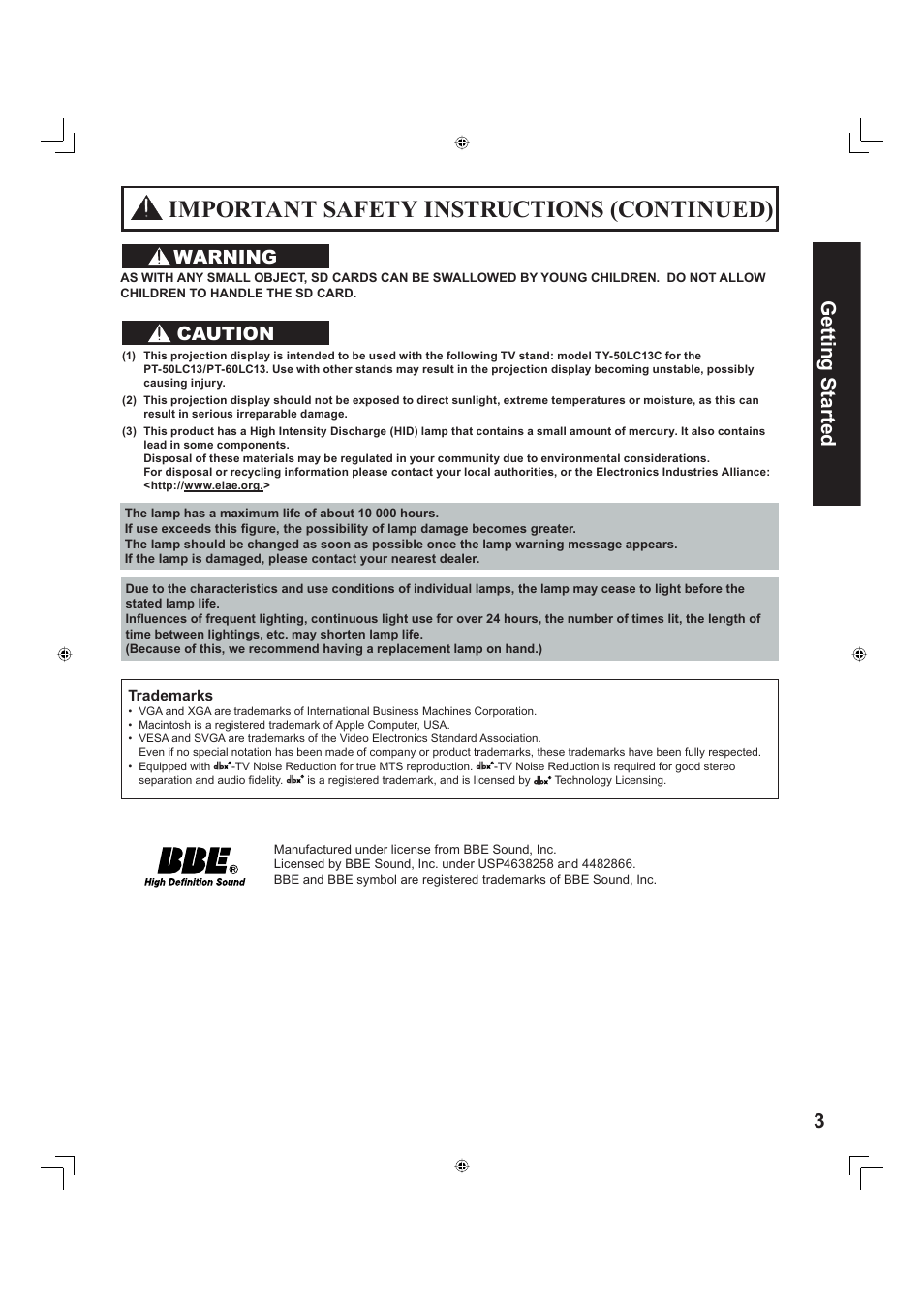 Important safety instructions (continued), 3getting start ed, Warning | Caution | Panasonic PT-60LC13 User Manual | Page 3 / 80
