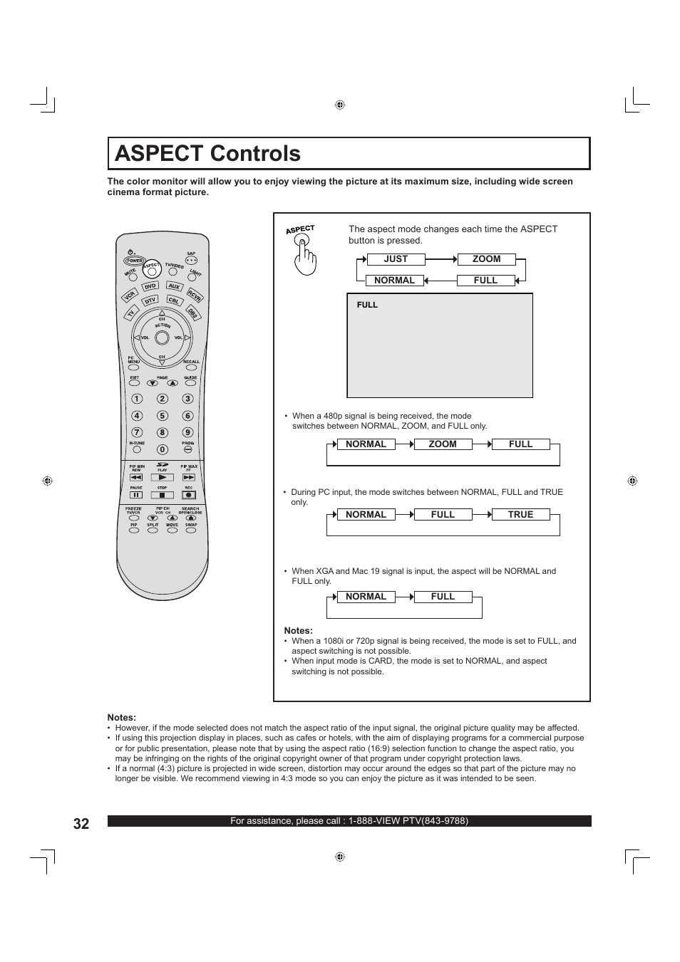 Aspect controls, Aspect con trols | Panasonic PT-60LC13 User Manual | Page 32 / 80