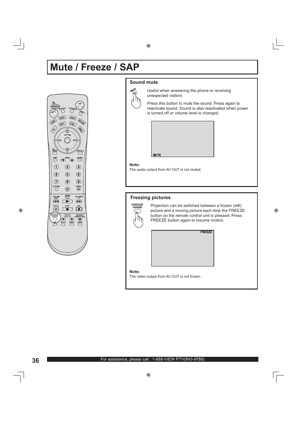 Mute / freeze / sap | Panasonic PT-60LC13 User Manual | Page 36 / 80