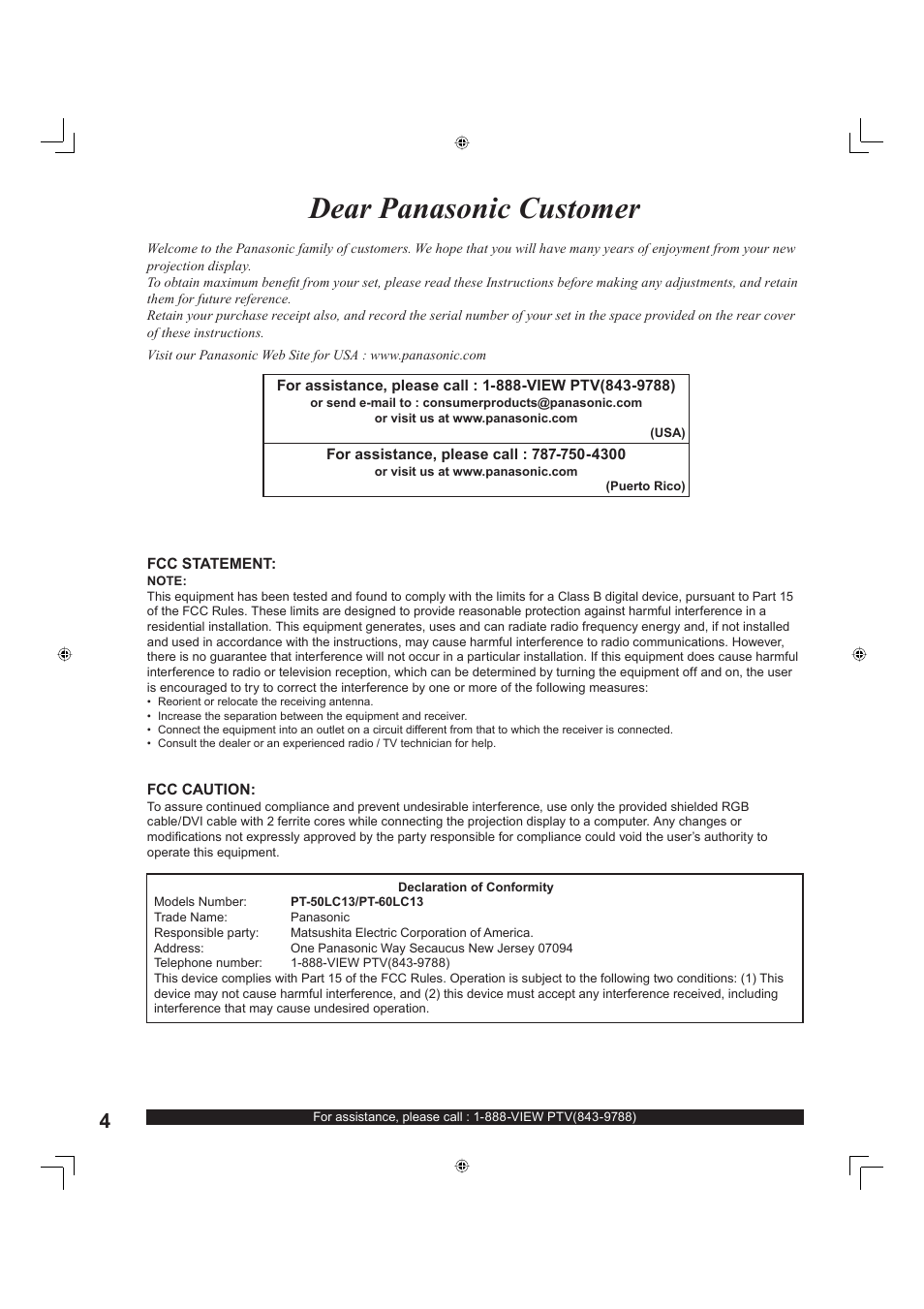 Dear panasonic customer | Panasonic PT-60LC13 User Manual | Page 4 / 80